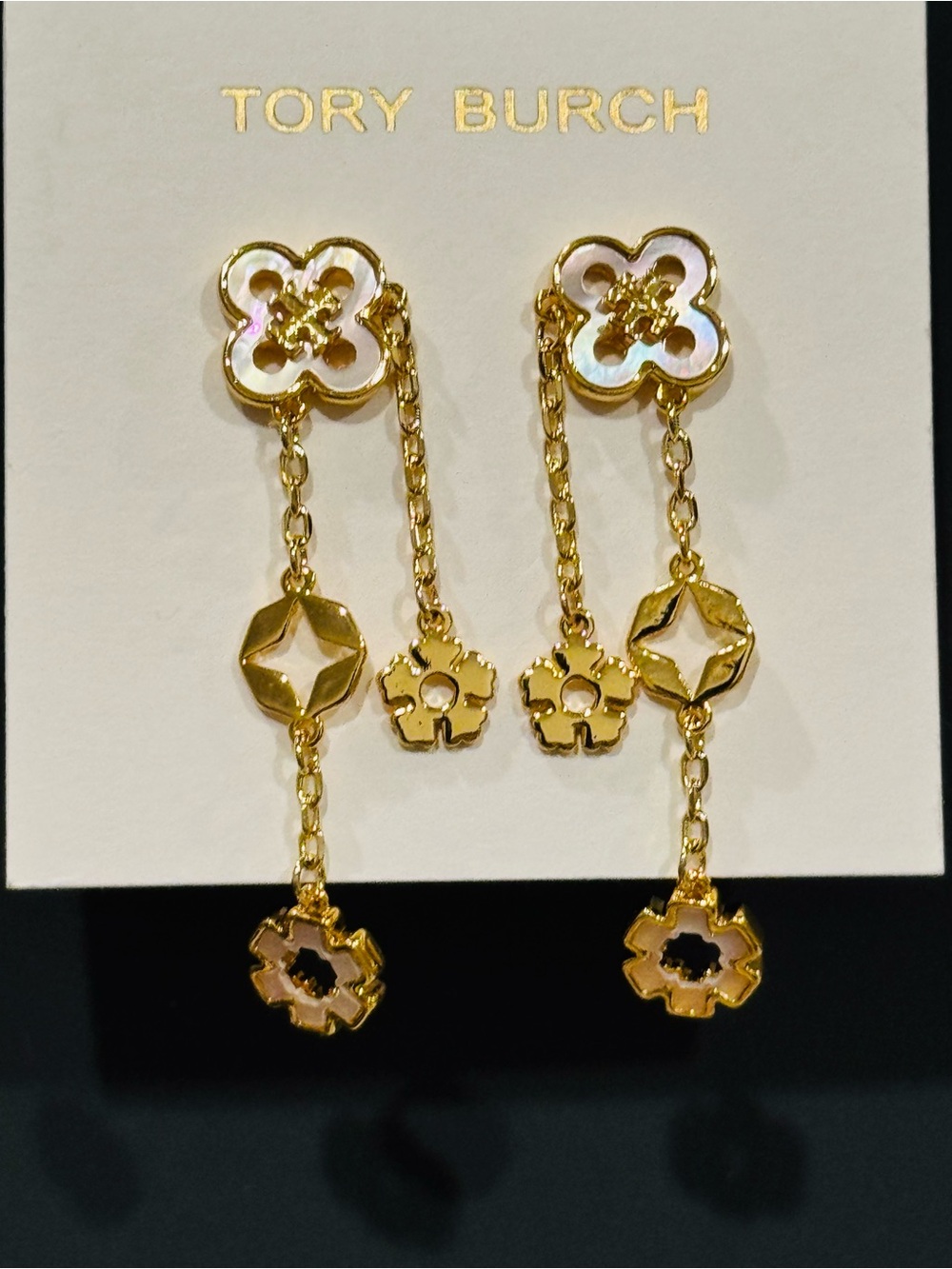 Tory Burch Gold and Mother-of-Pearl Forget Me Not Linear Earrings NWT